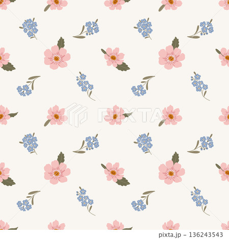 Seamless floral pattern with scattered pink and blue flowers and leaves Seamless floral pattern with scattered pink and blue flowers and leaves 136243543