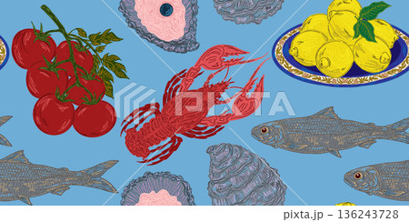 seamless pattern with fish and seafood 136243728