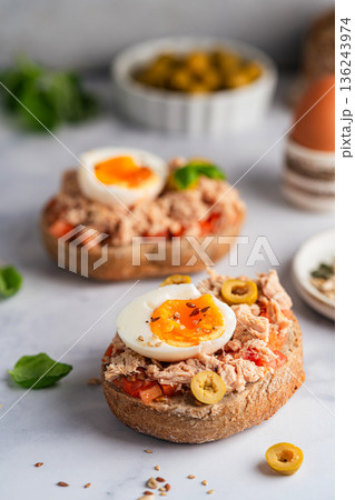 Tuna toast with boiled egg 136243974