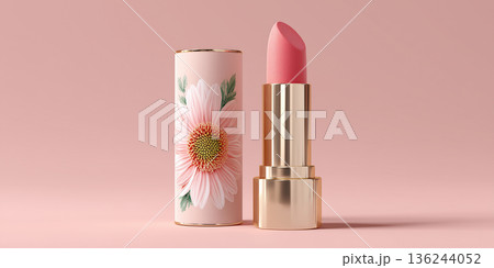 Pink lipstick and flowered tube for feminine beauty 136244052