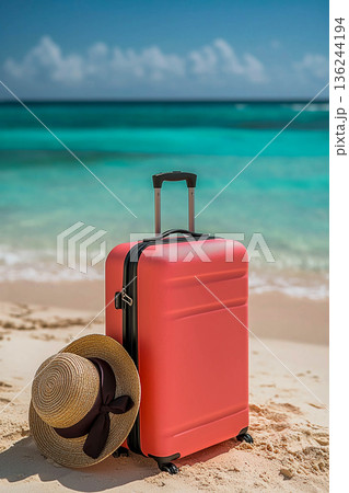 A brightly colored wheeled suitcase and a straw hat with a ribbon stand on a sandy beach at the edge of a turquoise sea, with a blue sky in the background. 136244194