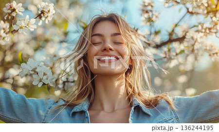 A smiling young woman with her eyes closed is enjoying the warm spring sun among the blooming branches of a garden. 136244195