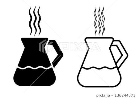 Coffee pot for brewing coffee icon. Black, white silhouette coffee pot full of coffee, isolated on white background. linear illustration, logo for coffee shop, hand drawn artwork 136244373
