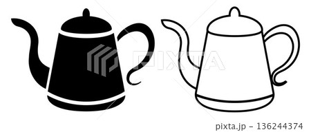 Coffee pot for brewing coffee icon. Black, white silhouette coffee pot full of coffee, isolated on white background. linear illustration, logo for coffee shop, hand drawn artwork 136244374