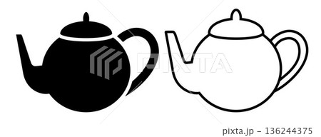 Coffee pot for brewing coffee icon. Black, white silhouette coffee pot full of coffee, isolated on white background. linear illustration, logo for coffee shop, hand drawn artwork 136244375