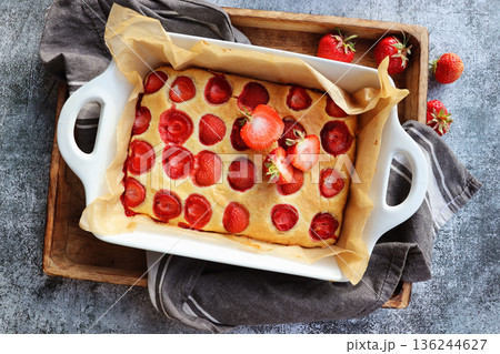 Freshly Baked Strawberry Cake in a White Dish	 136244627