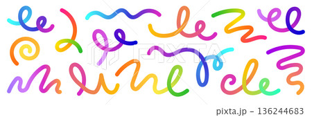 Line gradient color abstract set. Color wave line gradient shape bright rainbow flow design modern background. Abstract doodle pattern wavy ribbon swirl fun geometric dynamic. Vector 136244683