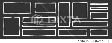 Frame brush rectangle set. Frame rectangle border brush stroke with chalk rough line and square shape. Hand drawn doodle pencil texture sketch outline border on blackboard. Vector 136244684