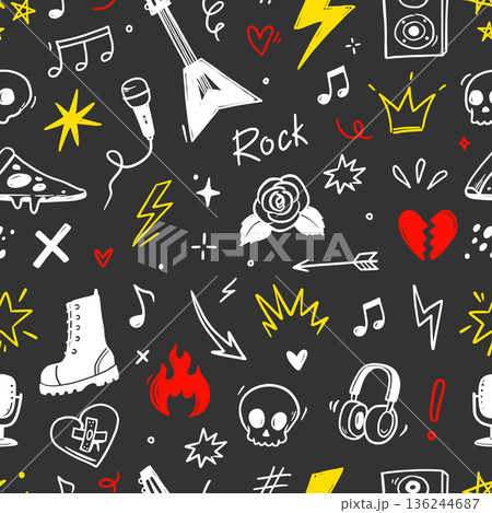 Rock music seamless pattern with guitar, skull, punk symbols. Hand drawn doodle grunge stickers with stars, roses and lightning bolts for rock music background, tattoo design. Vector 136244687