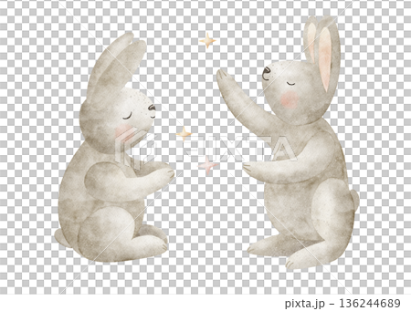 Rabbits catching stars, Easter bunnies. Watercolor illustrations in childish style. Hand-drawn hare image, isolated from background, for holiday cards, posters, tableware, clothing decor invitations Rabbits catching stars, Easter bunnies. Watercolor illustrations in childish style. Hand-drawn hare image, isolated from background, for holiday cards, posters, tableware, clothing decor invitations 136244689