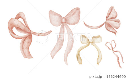 Set of bows pink beige colors. Watercolor illustration of silk ribbons in childish style. Hand-drawn image, isolated from background for birthday holiday cards, posters, decor, invitations, greeting Set of bows pink beige colors. Watercolor illustration of silk ribbons in childish style. Hand-drawn image, isolated from background for birthday holiday cards, posters, decor, invitations, greeting 136244690