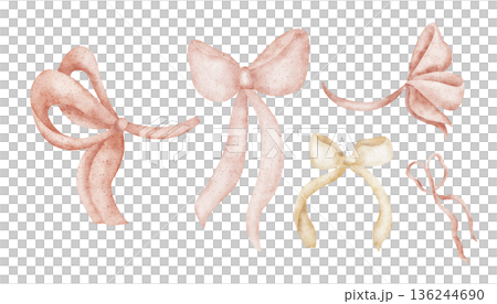 Set of bows pink beige colors. Watercolor illustration of silk ribbons in childish style. Hand-drawn image, isolated from background for birthday holiday cards, posters, decor, invitations, greeting Set of bows pink beige colors. Watercolor illustration of silk ribbons in childish style. Hand-drawn image, isolated from background for birthday holiday cards, posters, decor, invitations, greeting 136244690