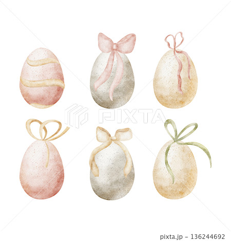 Easter eggs decorated bows ribbons. Watercolor illustration in childish style. Hand-drawn image, isolated from background for birthday holiday postcards tableware clothing decor invitations greeting 136244692