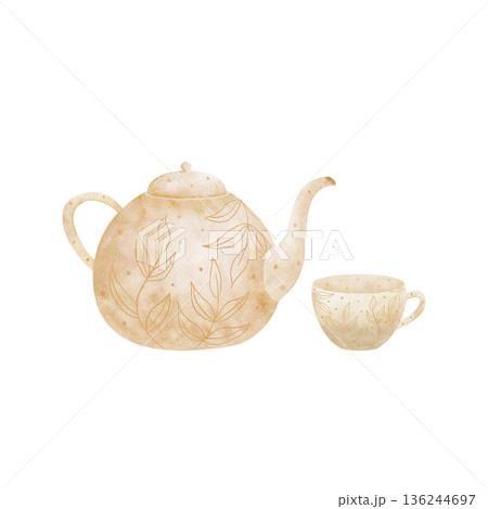 Tea set, ceramic cup, teapot, hand-drawn watercolor illustration in childish style. Element isolated from background for Easter, birthday, holiday cards, posters, clothing, decor, invitations greeting 136244697