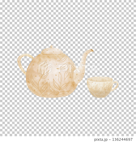 Tea set, ceramic cup, teapot, hand-drawn watercolor illustration in childish style. Element isolated from background for Easter, birthday, holiday cards, posters, clothing, decor, invitations greeting 136244697