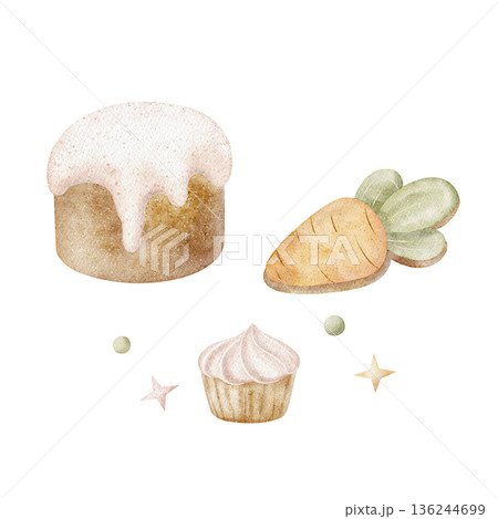 Kulich, cupcake, Easter cake food, carrot cookies. Watercolor illustrations in childish style. Hand-drawn image, isolated from background for holiday cards, posters tableware clothing decor greeting Kulich, cupcake, Easter cake food, carrot cookies. Watercolor illustrations in childish style. Hand-drawn image, isolated from background for holiday cards, posters tableware clothing decor greeting 136244699