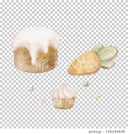 Kulich, cupcake, Easter cake food, carrot cookies. Watercolor illustrations in childish style. Hand-drawn image, isolated from background for holiday cards, posters tableware clothing decor greeting 136244699