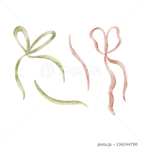 Bows ribbons, green pink colors. Watercolor illustration in childish style. Hand-drawn image, isolated from background for Easter birthday holiday cards, tableware, clothing decor invitations greeting Bows ribbons, green pink colors. Watercolor illustration in childish style. Hand-drawn image, isolated from background for Easter birthday holiday cards, tableware, clothing decor invitations greeting 136244700
