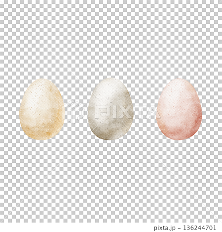 Easter eggs chicken in pink gray yellow color. Watercolor illustrations in childish style. Hand-drawn isolated from background for holiday cards posters tableware clothing decor, invitations greetings 136244701