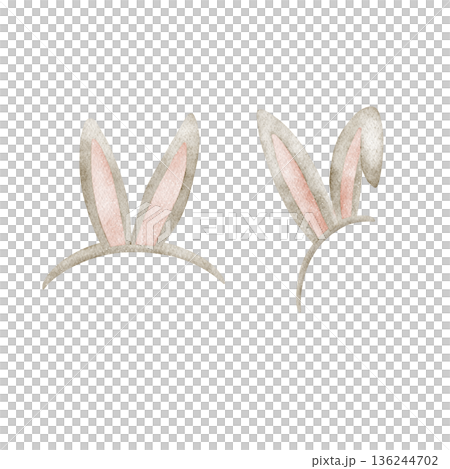 Bunny ears, party headband. Watercolor Illustrations hare in childish style. Hand-drawn image, isolated from background for Easter, Christmas birthday holiday cards posters decor invitations greetings 136244702