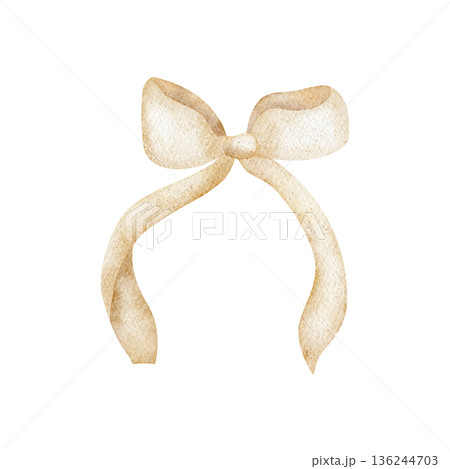 Bow ribbon beige colors. Watercolor illustration in childish style. Hand-drawn image, isolated from background for Easter birthday holiday cards posters tableware clothing, decor, invitations greeting 136244703