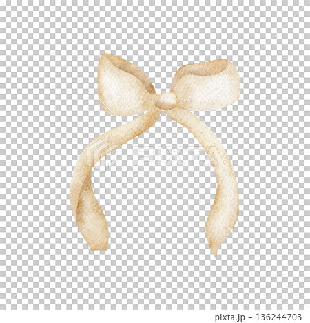 Bow ribbon beige colors. Watercolor illustration in childish style. Hand-drawn image, isolated from background for Easter birthday holiday cards posters tableware clothing, decor, invitations greeting 136244703