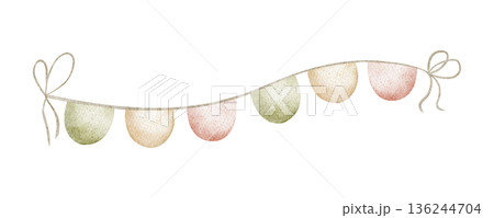 Party garland with round flags. Watercolor illustration in childish style. Hand-drawn image, isolated from background for Easter birthday holiday cards, posters, clothing, decor, invitations, greeting Party garland with round flags. Watercolor illustration in childish style. Hand-drawn image, isolated from background for Easter birthday holiday cards, posters, clothing, decor, invitations, greeting 136244704