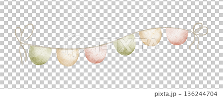 Party garland with round flags. Watercolor illustration in childish style. Hand-drawn image, isolated from background for Easter birthday holiday cards, posters, clothing, decor, invitations, greeting 136244704