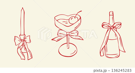 Festive glass drink and candle with bows. Wedding hand drawn doodle sketch. Coquette cocktails with ribbon bow 136245283