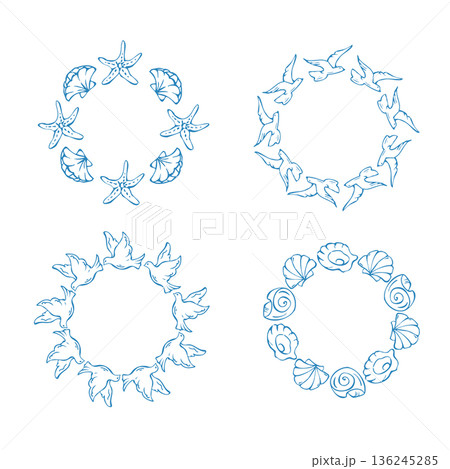Set of outline blue round frames with starfish, seashells and birds 136245285