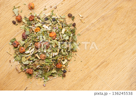 Pile of dry herb leaves and fruits Pile of dry herb leaves and fruits 136245538