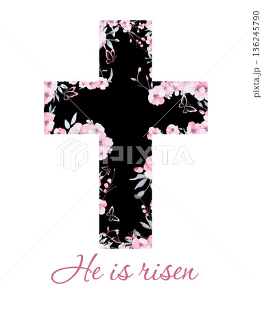 Religious cross with sakura flowers. He is risen Hand drawn. Not AI, vector illustration. He is risen Hand drawn. Not AI, vector illustration 136245790