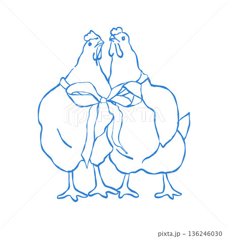 Two chickens with a bow ribbon in outline style. A pair of chickens. Vector isolated blue clipart. Farm birds. Outline linear illustration, simple drawing. Two chickens with a bow ribbon in outline style. A pair of chickens. Vector isolated blue clipart. Farm birds. Outline linear illustration, simple drawing. 136246030