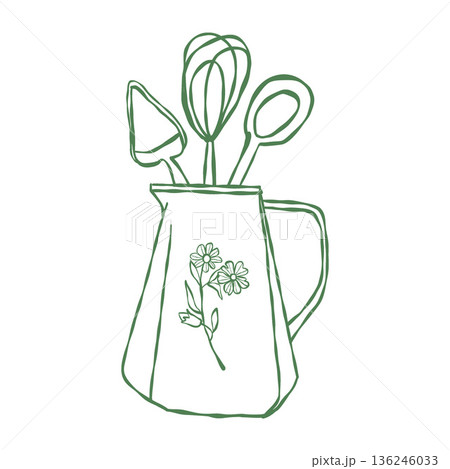 A pitcher with kitchen utensils. Vector green outline illustration. A teapot, a vase with a whisk, a spatula, and a spoon. Line drawing 136246033