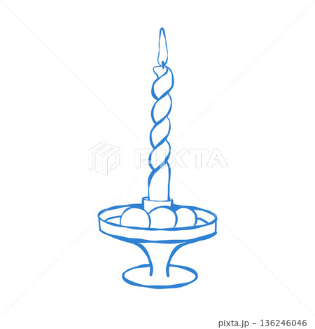 Linear illustration of a candle and Easter eggs. Vector blue outline clip art. Festive table setting element. Linear illustration of a candle and Easter eggs. Vector blue outline clip art. Festive table setting element. 136246046