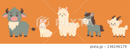 Cute farm animals set with bull rabbit alpaca donkey and goat vector illustration. 136246179