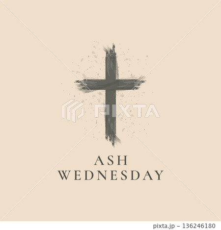Ash Wednesday greeting card with charcoal cross and brush stroke vector illustration. 136246180