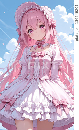 ピンクのロリータファッションのドレスを着ている女の子のイラスト ピンクのロリータファッションのドレスを着ている女の子のイラスト 136246201
