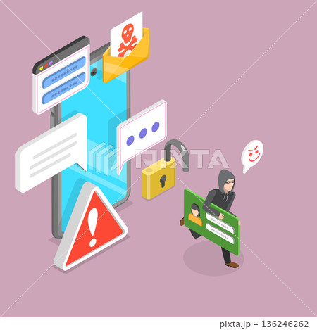 3D Isometric Flat Vector Illustration of Phone Scam, Fraud Using Smartphones For Deceptive Purposes 3D Isometric Flat Vector Illustration of Phone Scam, Fraud Using Smartphones For Deceptive Purposes 136246262