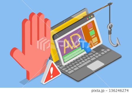 3D Isometric Flat Vector Illustration of Advertising Fraud, Concept Of Fraudulent Advertising Practices In The Industry, Unethical Tactics Used To Deceive Consumers. 136246274