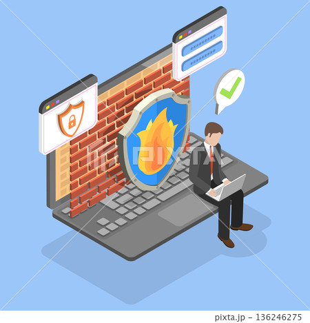 3D Isometric Flat Vector Illustration of Firewall, Antivirus, And Network Protection, A Comprehensive Security Concept 136246275