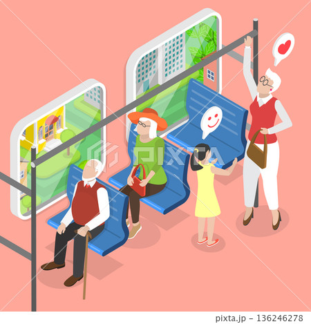 3D Isometric Flat Vector Illustration of Courteous Kid, Young Girl Shows Respect By Offering Seat To Elderly Woman 3D Isometric Flat Vector Illustration of Courteous Kid, Young Girl Shows Respect By Offering Seat To Elderly Woman 136246278