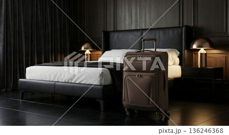 Chocolate Brown Fabric Suitcase in Dark Luxury Executive Suite Interior. Chocolate Brown Fabric Suitcase in Dark Luxury Executive Suite Interior. 136246368