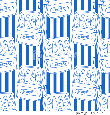 A cute seamless pattern with open sardine cans on a blue striped background. 136246486