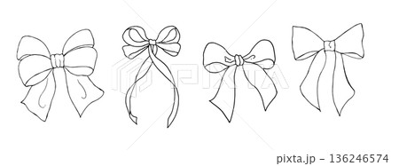 Vector set of bows with long ribbons. Graphic festive gift, hand drawn illustration isolated on background. Botanical and wedding, baby clip art. For greeting card, wallpaper, wrapping paper design 136246574