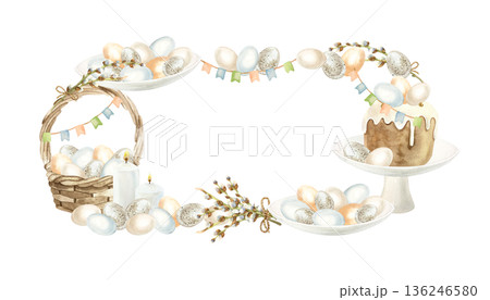 Easter template for inserting text featuring painted eggs, a wicker basket, Easter cake, candles and willow branches. Hand drawn watercolor illustration isolated. For vintage cards and invitations. 136246580