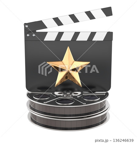 Movie clapperboard with golden star and film reels. Cinema production and entertainment concept, 3D rendering 136246639