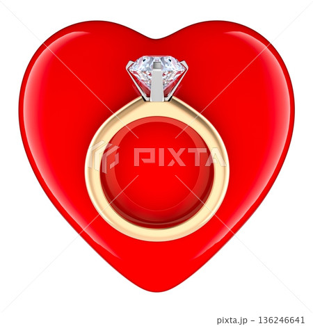 Engagement ring with red heart. Love and marriage proposal concept, 3D rendering 136246641