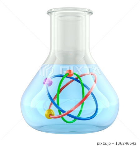 Chemistry and science education concept. Flask with liquid and atom symbol inside, 3D rendering 136246642