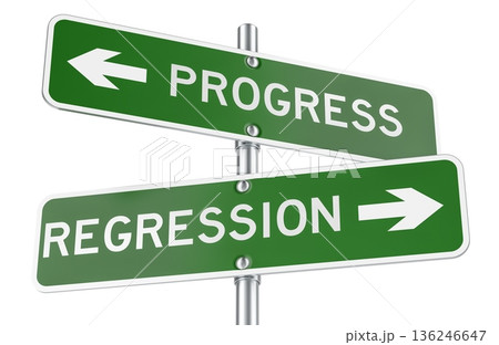 Progress and Regression green direction arrows, street signs. 3D rendering Progress and Regression green direction arrows, street signs. 3D rendering 136246647